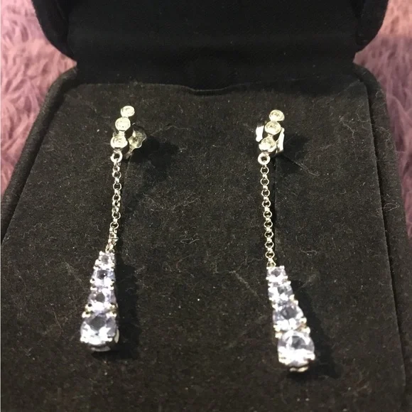 Vintage 10K White Gold Tanzanite & Diamond Accent Dangle Earrings - Picture 10 of 12